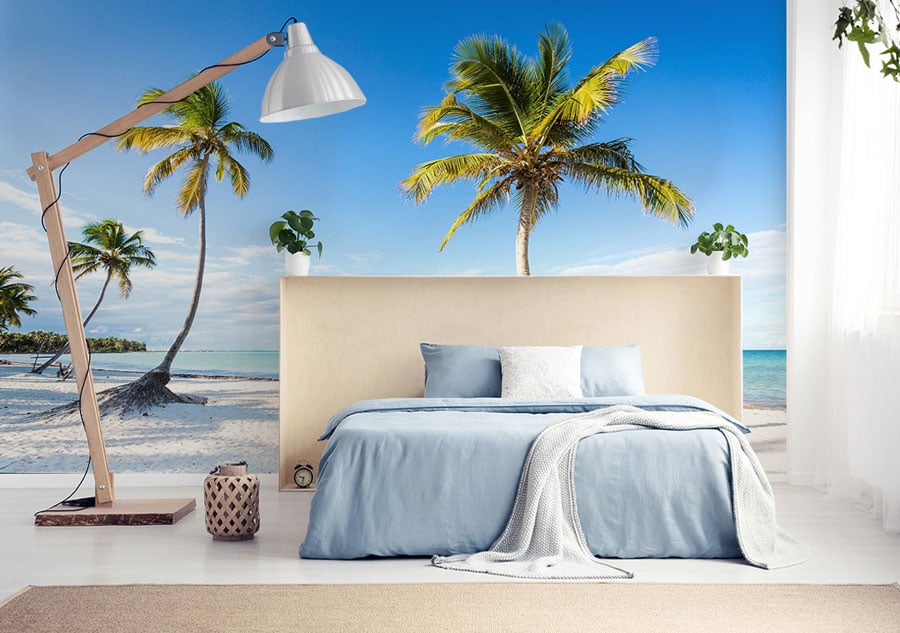 Fototapete-Paradiesstrand-mit-Palemen-im-Schlafzimmer