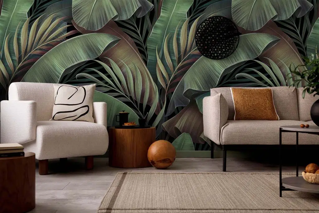 Fototapete mit exotischen Blättern im modernen Wohnzimmer