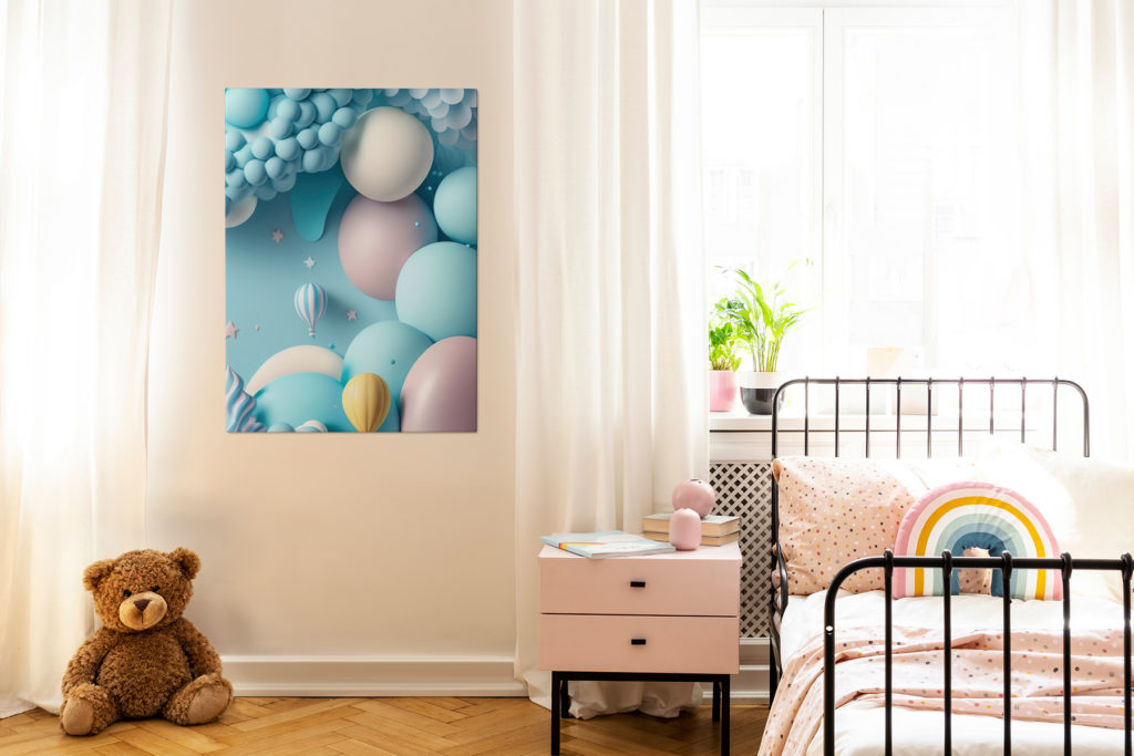 Pastellfarbenes Bild 3D mit Luftballons im Kinderzimmer