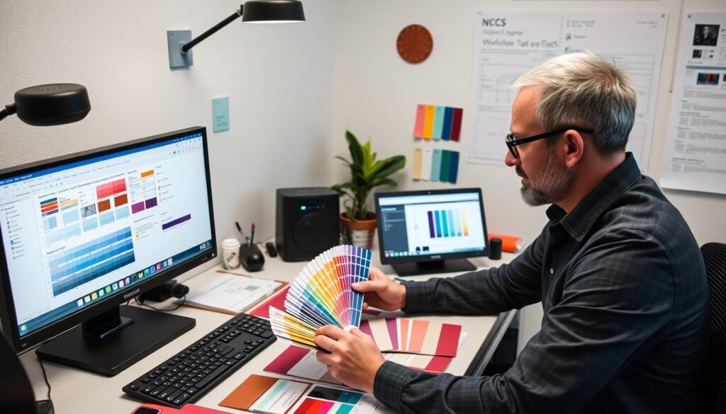 Designer arbeitet mit NCS Farbfächer und digitalen Tools an einem Projekt