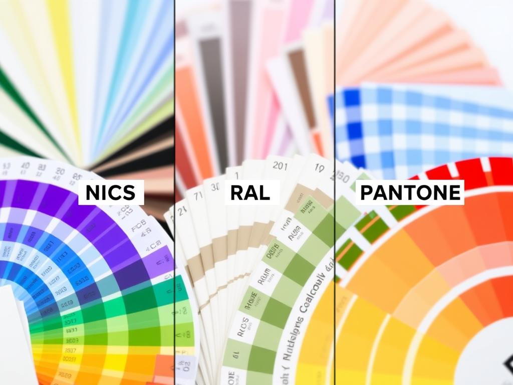 Vergleich der Farbsysteme NCS, RAL und Pantone mit ihren jeweiligen Farbfächern
