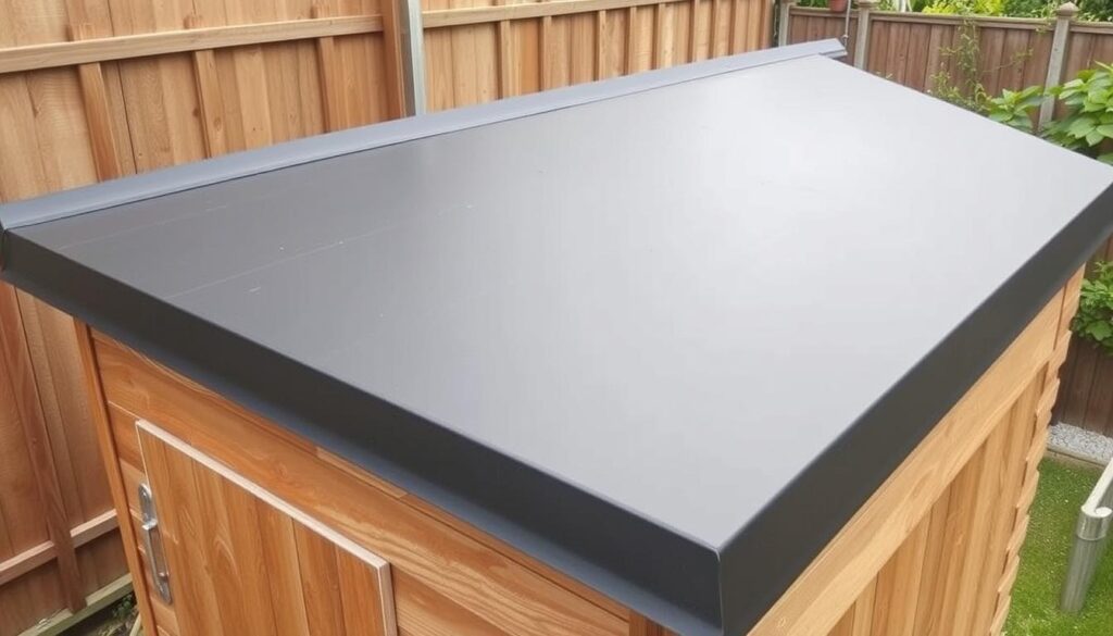 Fertig verlegte selbstklebende Dachpappe auf einem Gartenhaus