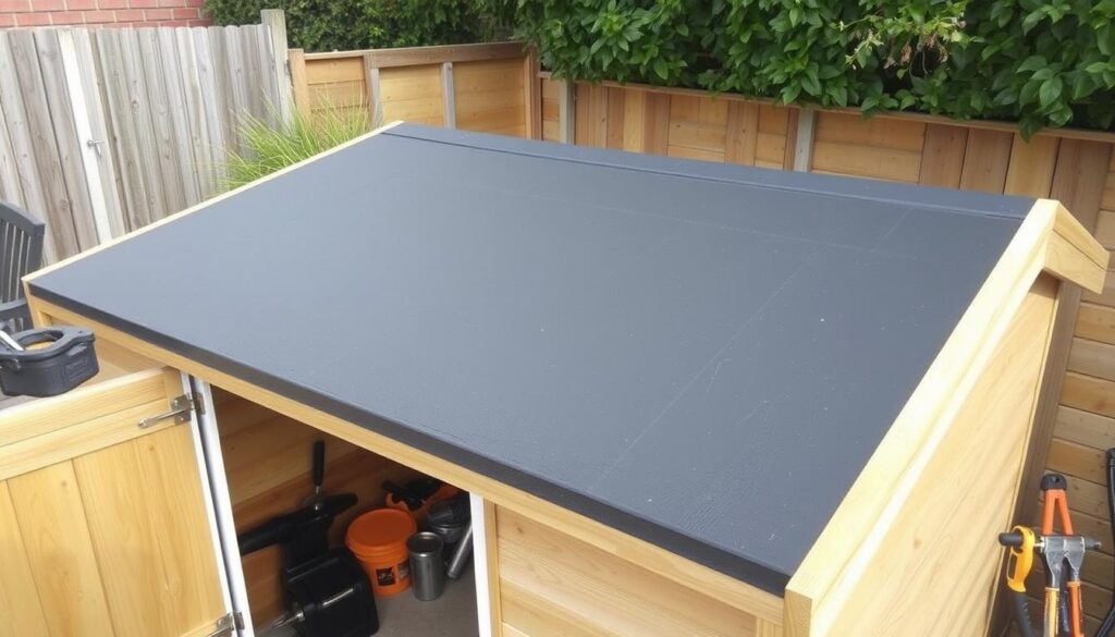 Gartenhaus mit selbstklebender Dachpappe gedeckt
