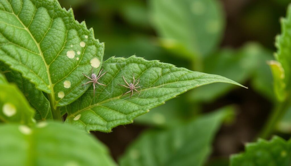 Anzeichen von Spinnmilben an Pflanzenblättern Anzeichen von Spinnmilben an Pflanzenblättern