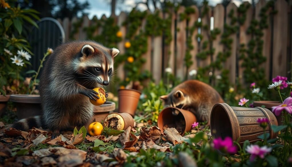 Waschbären im Garten bei der Nahrungssuche Waschbären im Garten bei der Nahrungssuche