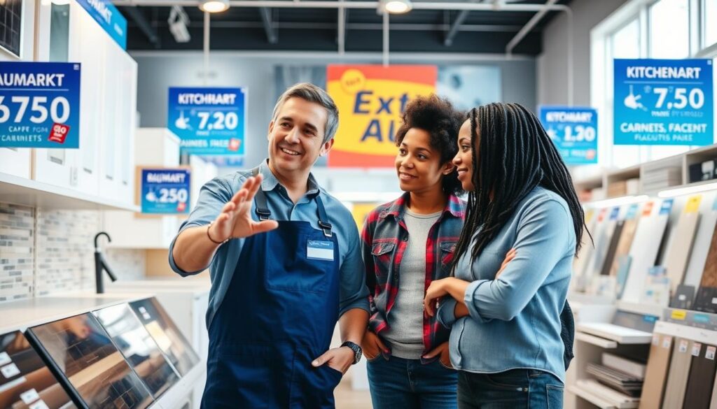 Baumarkt-Mitarbeiter berät Kunden Baumarkt-Mitarbeiter berät Kunden