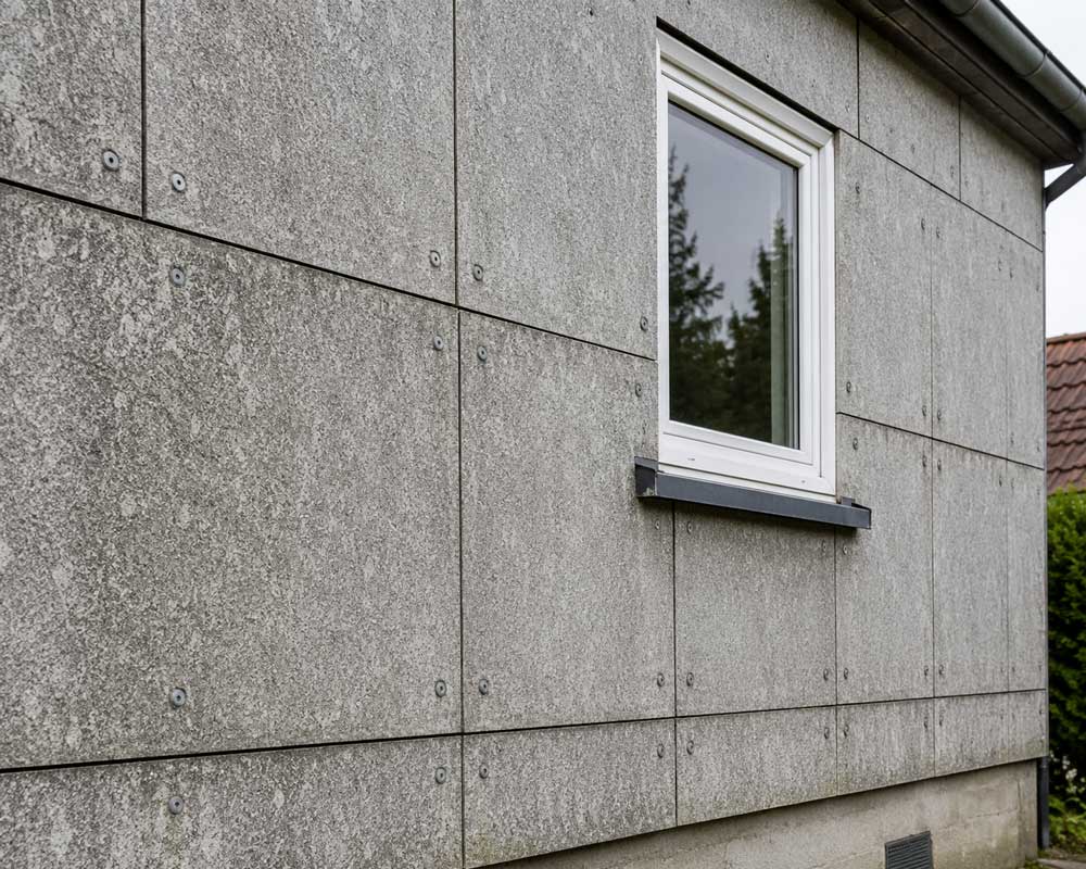 Faserzementplatten mit möglichem Asbest an einer alten Hausfassade