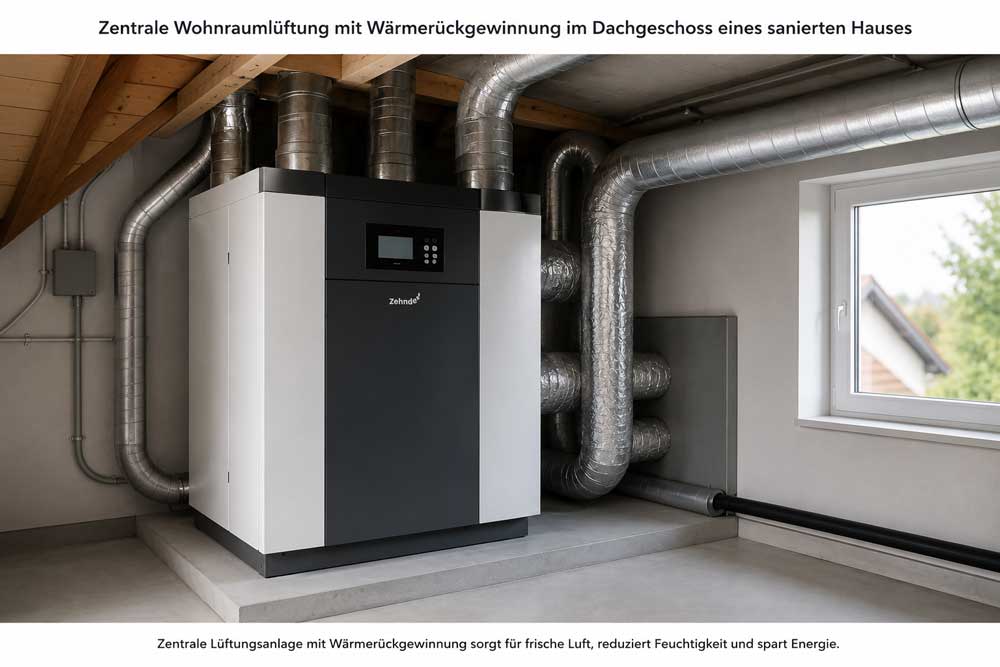 Zentrale Wohnraumlüftung mit Wärmerückgewinnung im Dachgeschoss eines sanierten Bestandsgebäudes