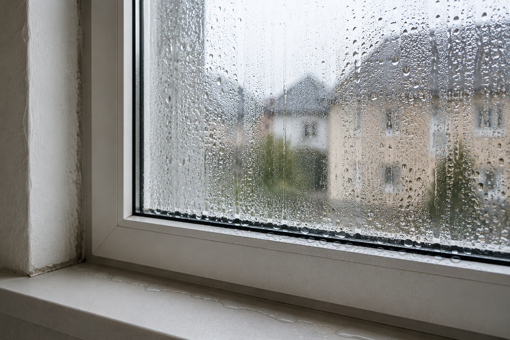 Kondenswasser an einem Fenster als Hinweis auf hohe Luftfeuchtigkeit und unzureichende Lüftung im Bestand