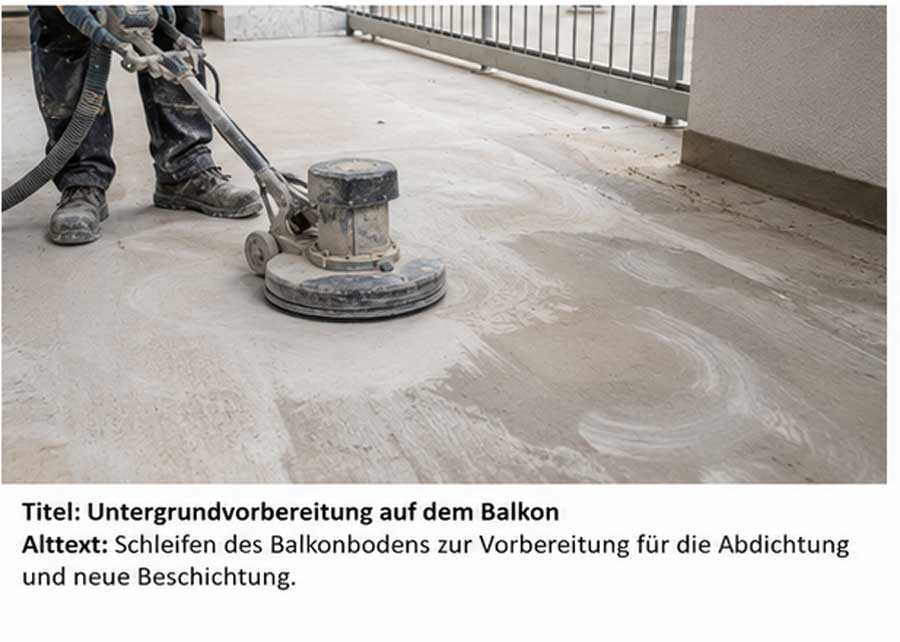 Schleifen und Reinigen des Balkonbodens zur Vorbereitung fĂĽr Abdichtung und neue Beschichtung.
