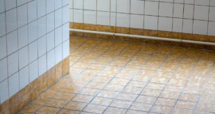 Gefliester Boden und geflieste Wand in einem Bad, am Rand Sockelfliesen und ein Rohr an der Wand