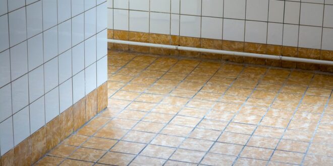 Gefliester Boden und geflieste Wand in einem Bad, am Rand Sockelfliesen und ein Rohr an der Wand