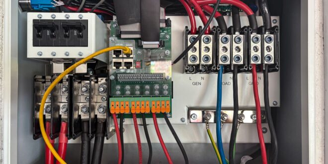 Offener Anschlusskasten mit Klemmen, Leitungen und Schutzorganen einer Elektroinstallation